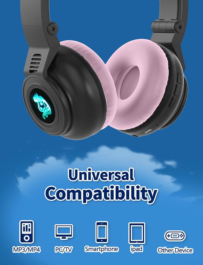 Unicorn Headphones for Girls,Bluetooth Unicorn Headphones Toddler School Laptop Cellphones Plane use, Light Up Wireless Kid Headphone Birthday Gifts (Black)
