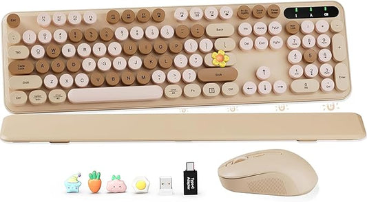 Wireless Keyboard and Mouse Combo, Round Keycaps, Full-Size Retro Typewriter-Style Keyboard with Magnetic Wrist Rest, Tilt Legs, 2.4GHz Cordless for Mac, Windows PC, Laptop, SABLUTE CK23, Latte Beige