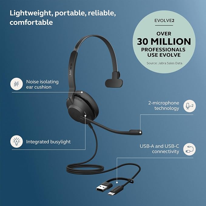 Jabra Evolve2 30 SE (2025 Version) Wired Single-Ear Headphones with Microphone – Computer Headset - USB-A and USB-C Cable - Microsoft Teams Certified - Works with All Meeting Platforms – Black