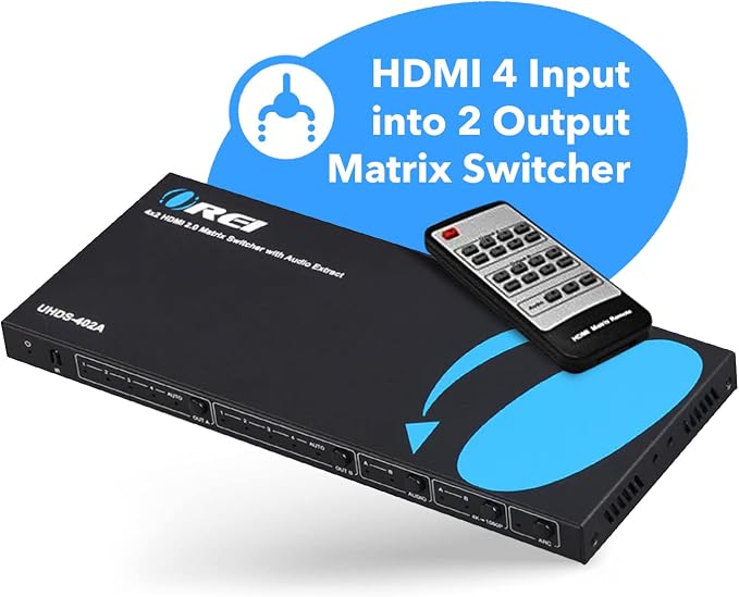 OREI 4K@60Hz 4×2 HDMI 2.0 Matrix with Audio Extraction, HDCP 2.2/1.4, HDR (Dolby Vision / HDR10+ / HLG), ARC, EDID, 4K-to-1080p Downscaling, Optical & Analog Audio Out, IR Remote (UHDS-402A)