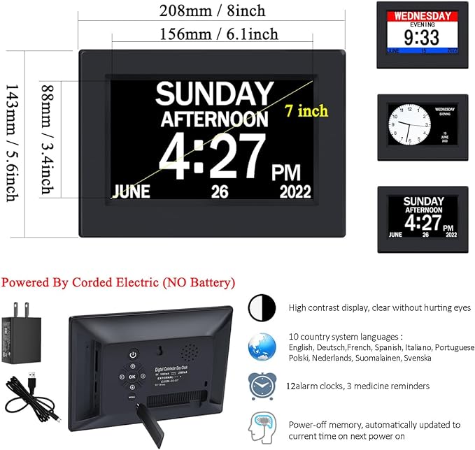 AINFTIME DST Clock with Day and Date for Elderly-3 Display Digital Calendar Alarm Day Dementia Alzheimers Clock with Extra Large Display (7in Black)