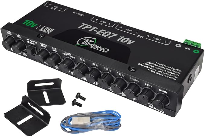 Timpano 7 band equalizer TPT-EQ7 10V High Voltage Line Driver 6 Channel RCA Output and Subwoofer Control and Crossover 1/2 Din Graphic Car Audio Eq with High Level Input