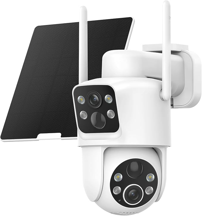 TKENPRO Dual Lens Solar Security Cameras Wireless Outdoor, 2K Full HD Video, 360° View Pan/Tilt Home Security Camera with Color Night Vision, Easy to Install, PIR Alarm, 2.4GHz WiFi