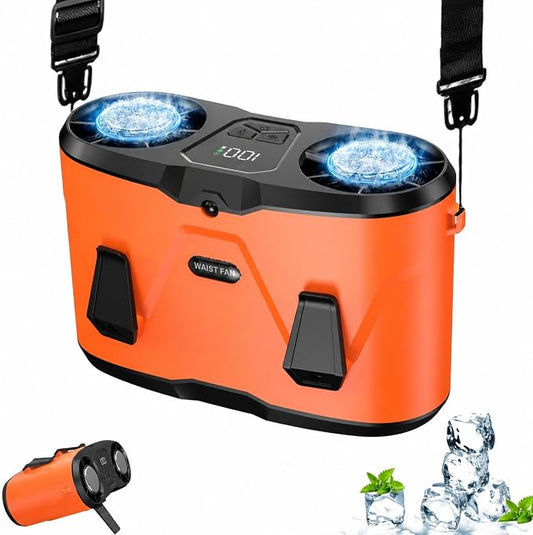 20000mAh Wearable Waist Fan, USB Rechargeable Personal Fan with 10 Wind Speeds, Dual Motors Portable Clip On Fan, Hands Free Cooling Fan for Outdoor Working Camping Travel (Orange)