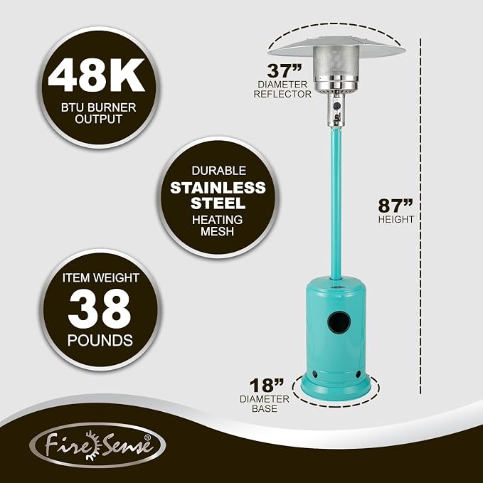 Fire Sense 61130 All Seasons Patio Heater With Wheels 48,000 BTU Output Electronic Ignition System Portable Outdoor Propane Heater Patio Heater - Aqua Blue