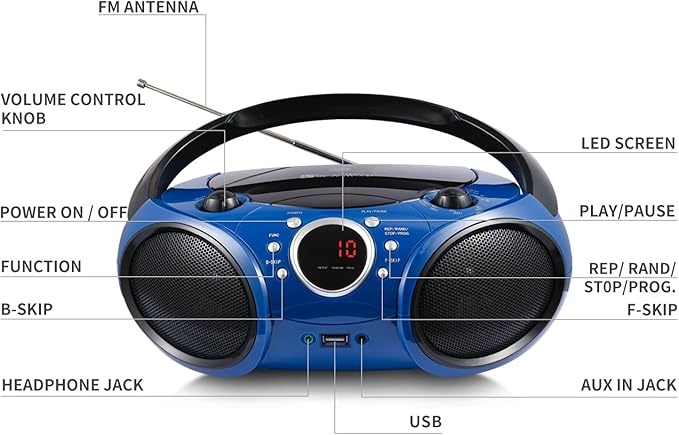 Singingwood Portable CD Player Boombox AM FM Radio, Bluetooth, USB Port CD-R/RW, MP3 CDs, 3.5mm Aux Input and Headphone Jack-Dual Power AC/Battery Stereo Sound System for Home & Outdoor (Blue)