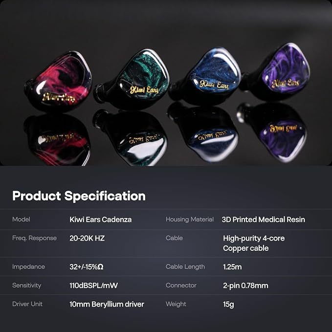 Linsoul Kiwi Ears Cadenza 10mm Beryllium Dynamic Driver IEM 3D Printed with Detachable Interchangeable Plug 0.78 2pin 3.5mm IEM Cable for Musician Audiophile (Red)