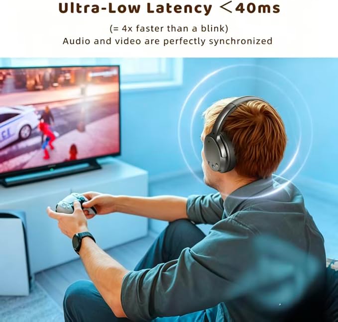 Holdsound Wireless Headphones for TV, BKM700 Over-Ear Wireless TV Headphones with Extension Transmitter, Auto-Pairing,Low Latency,165 ft Long Range, 40 Hrs Battery, Loud Clear Sound for Seniors