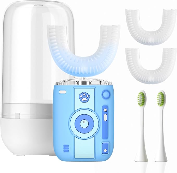 Adult Ultrasonic Electric Toothbrush, 360° Oral Cleaning for Stain & Whitening, IPX7 Waterproof Rechargeable, U-Shape Brush Head×3 + Straight Handle Brush Head×2 + Storage Cup