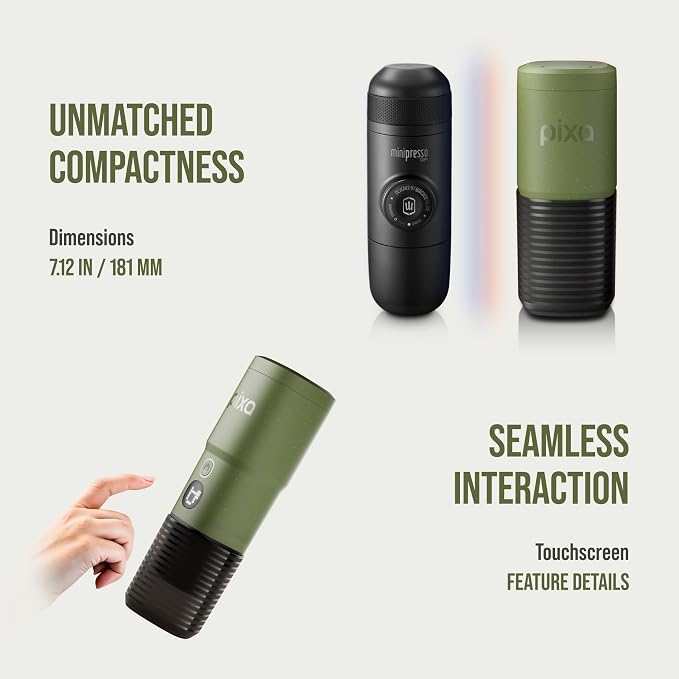 WACACO PIXAPRESSO, Coffee Machine Electric & Portable, With 4 Coffee Types & Fast Heat-Up, 3 * 3000mAh Battery, 20 Bar Portable Espresso Maker For Ground Coffee & NS Capsule, Olive Green