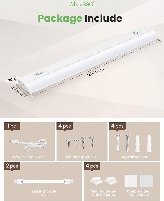 ALUSSO 24 Inch LED Under Cabinet Lighting Plug in 120V, 5CCT Color Selectable 2700K-5000K Dimmable 15W 1200LM High Brightness, CRI 90+ Strip Linkable Under Counter Lights for Kitchen Sink, 1 Pack