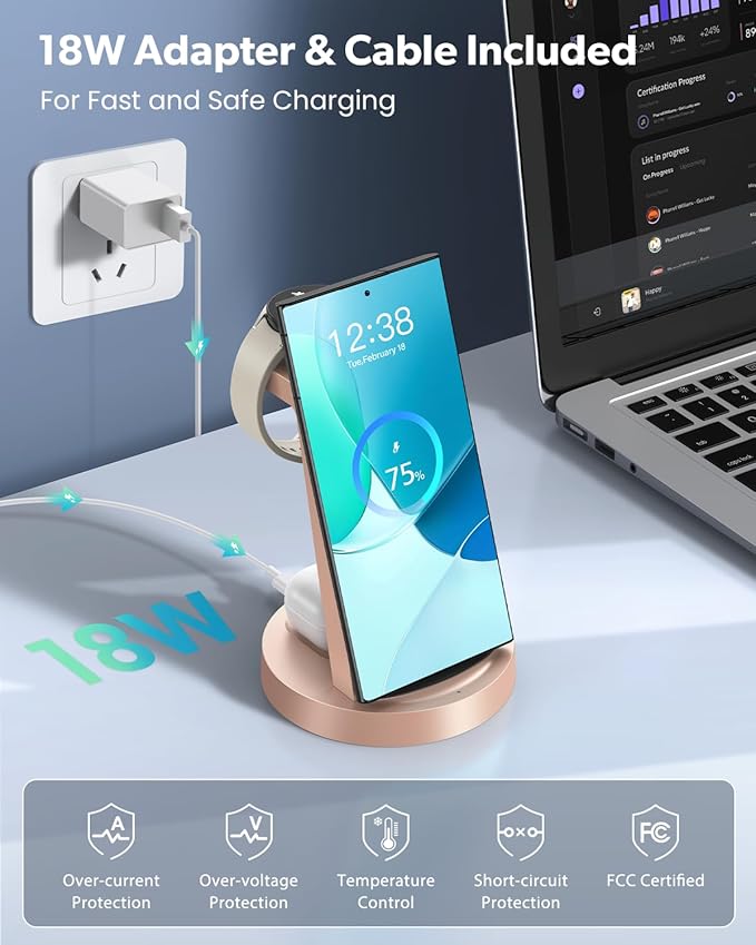 Wireless Charger for Samsung: 3 in 1 Wireless Charging Station for Samsung Galaxy Watch 8 7 6 5 4 3 Pro Classic Galaxy Buds - Rose Gold