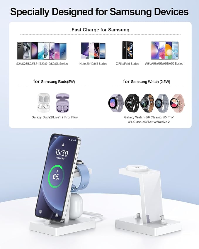 NANAMI Fast Charger for Samsung Galaxy Watch 6/5/4/3, Stand for Galaxy S24/S24+/S24 Ultra/S23/S22/S21/S20, Buds Pro, Wireless Charging Stand for iPhone 16/15/15 Pro/15 Plus/15 Pro Max/14/14 Pro/13/12