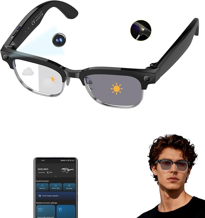 AI Smart Glasses with Camera, 1080P HD POV First-Person View Video Recording and Translator, AI Object Recognition, Bluetooth Audio, 290mAh Battery, Photochromic Lenses for Sports, Travel, Work