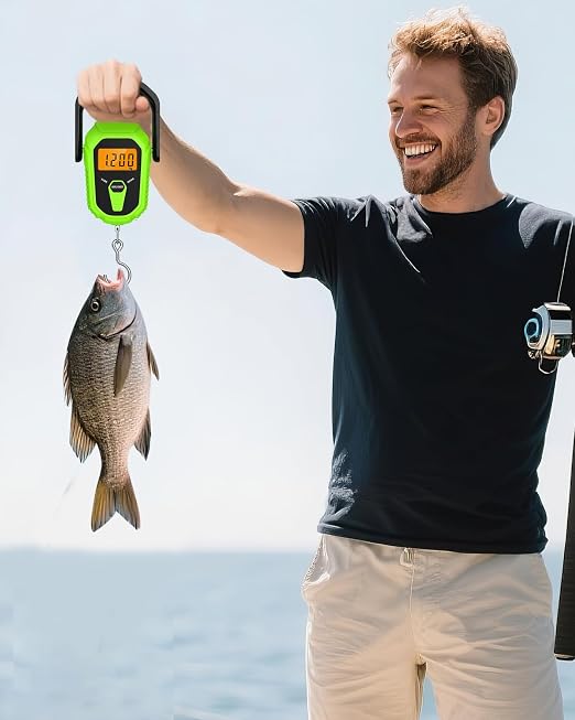 Fish Scale with Lip Gripper, Waterproof Digital Fish Scale, 110lb/50kg Hanging Fish Weight Scale, Portable Luggage Scale with Tape Measure, LCD Backlit, Batteries, for Home Fishing, Green