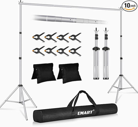 EMART Backdrop Stand 10x8.5ft(WxH) Photo Studio Adjustable Background Stand Support kit with 2 Crossbars, 8 Clamps, 2 Sandbags and Carry Bag for Parties, Events Decoration, Wedding, Photography-Silver