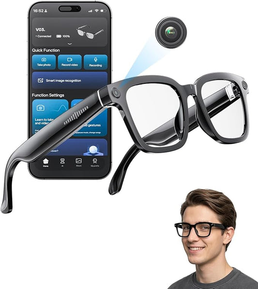 2026 AI Smart Glasses with Camera and Bluetooth, 8MP 32GB 1200P HD Camera Glasses Supports Photo/Video/Audio Recording, Real-Time Translation, Voice Assistant, Object Recognition for Life Work Vlog