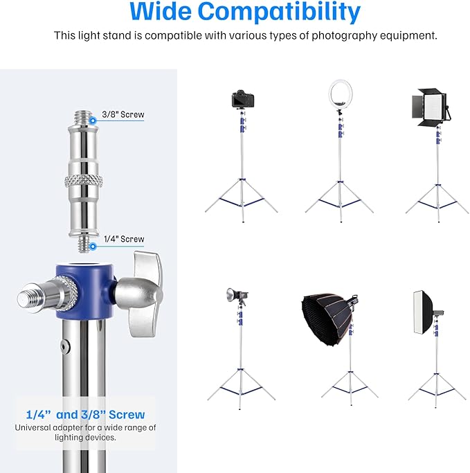 Light Stand Photography, 10.5ft/320cm Heavy Duty Studio Light Stand with 1/4" and 3/8" Screw, Adjustable Lighting Stand for Softbox, Ring Light, LED Panel, Professional Light Stand Tripod