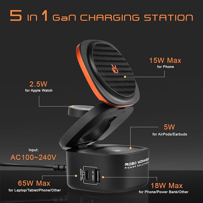 65W Power Cube Charging Station Wireless GaN Fast Charger for Multiple Devices iPhone Apple Watch AirPods MacBook Android
