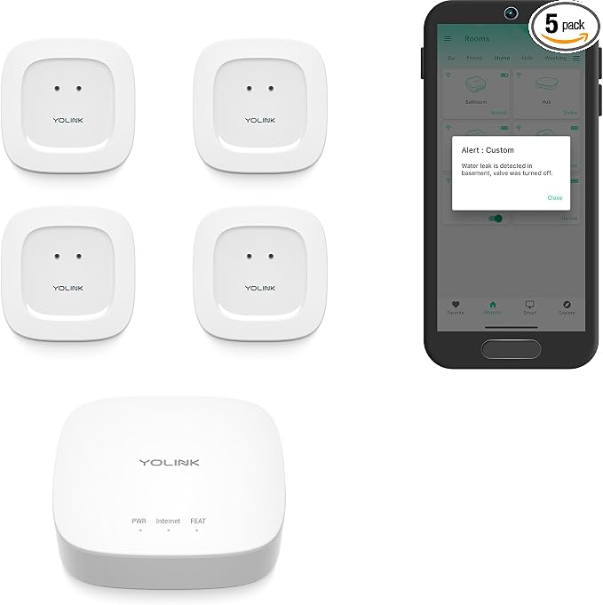 YoLink Smart Home Leak Detection Starter Kit – Hub + 4 Water Leak Sensors (0 dB), LoRa Long-Range, Alexa & IFTTT Compatible, Instant App/SMS/Email Alerts, Up to 5-Year Battery