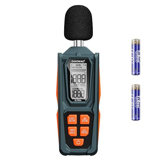 Decibel Meter, Goldeep SL750A Digital Sound Level Meter 30-130dB, A/C Weighted DB Meter with dB/SONE, Fast/Slow, MAX/MIN, LCD Sound Meter for Home, Office, Factory, Neighbor Noise - Vitality Orange