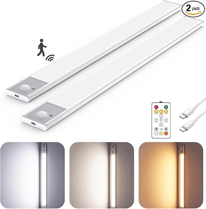 16" Ultra-Thin Under Cabinet Lighting Wireless, Aluminum Alloy Under Counter Lights for Kitchen, 3-Color-Temps Magnetic Closet Lights, Rechargeable Motion Sensor Light Indoor (2 Pack, Silver)