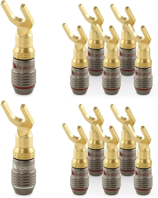 Nakamichi FanLock Excel Series 24k Gold Plated Spade Connector Banana Plug 10 AWG - 18 AWG Gauge Size 4mm for Speakers Amplifier Hi-Fi Home Theatre Wire Cable Quick Connector, 12 Pcs (6-Pairs)