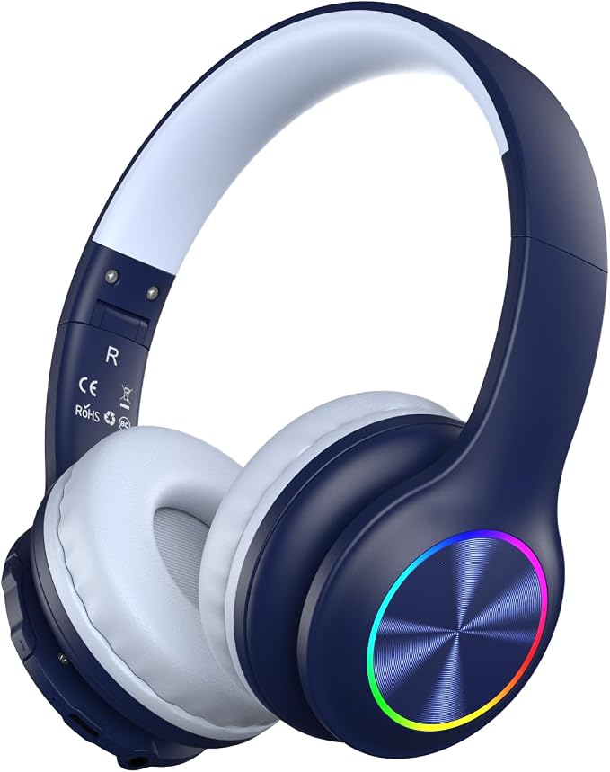 Candy Bila Kids Bluetooth 6.0 Headphones with LED Light, 85Hours Playtimes, Type-C Fast Charging, 85/94dB Volume Limited, Comfort Wireless Headphones with Built-in Mic, Wired & TF Card Mode, Navy Blue