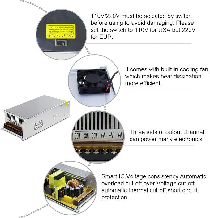 ALITOVE 12V Power Supply 50A 600W Switch Mode Power Supply SMPS AC/DC Adapter 110V / 220V AC to DC 12 Volt 50 Amp 45A Converter Transformer LED Driver for LED Light CCTV Camera Radio Speaker Amplifier