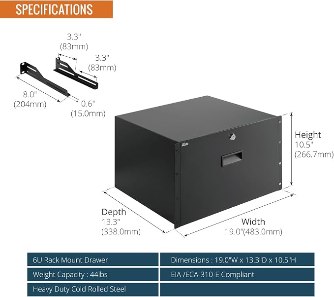Tecmojo 6U Rack Drawer,Rack Mount Drawer for 19in Network Equipment/Server/AV Rack or Cabinet Enclosure,Sliding and Lockable Server Rack Drawer - Load-Bearing 44lb (20kg),with Cable Management Holes