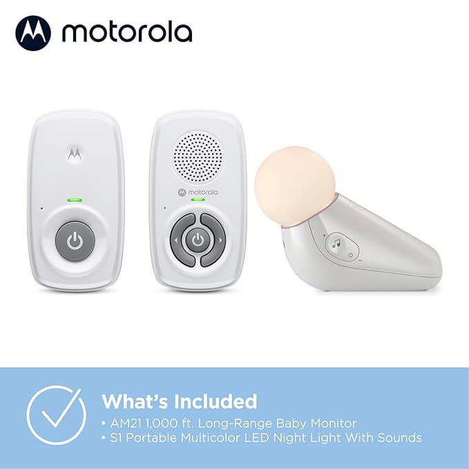 Motorola Nursery Wireless Audio Baby Monitor (No WiFi) + Portable Sound Machine Bundle | AM21 Long Range Monitor with White Noise Sleep Soother & Night Light