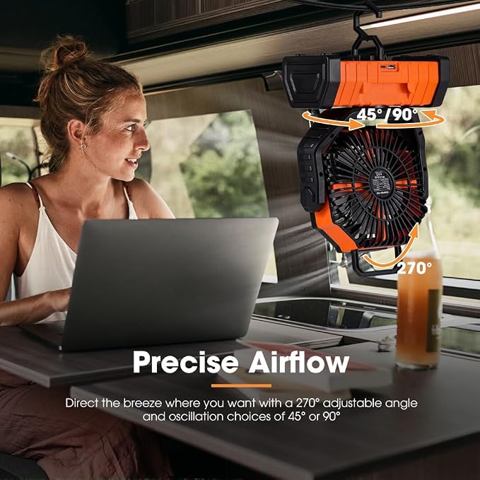 SAN HIMA Battery Powered Camping USB Desk Fan - 20000mAh Rechargeable Battery Operated, with LED Light, 4 Speed Oscillation, 360° Rotation, Hanging Hook, Cordless, for Tent, Outdoor