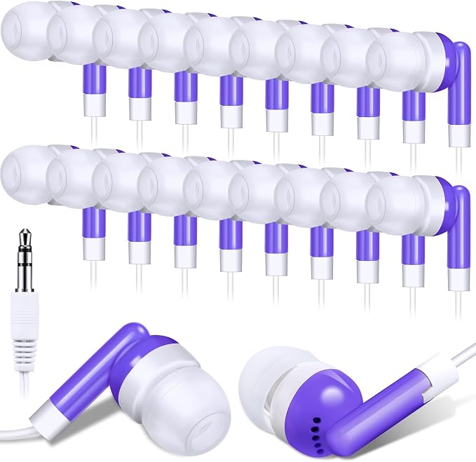 Konohan 100 Pcs Bulk Earbuds with Wire Basic Headphones in Ear for Libraries Laptop, No Microphone 3.5 mm Jack Earbuds Dot Headphones, Individually Bagged (Purple)