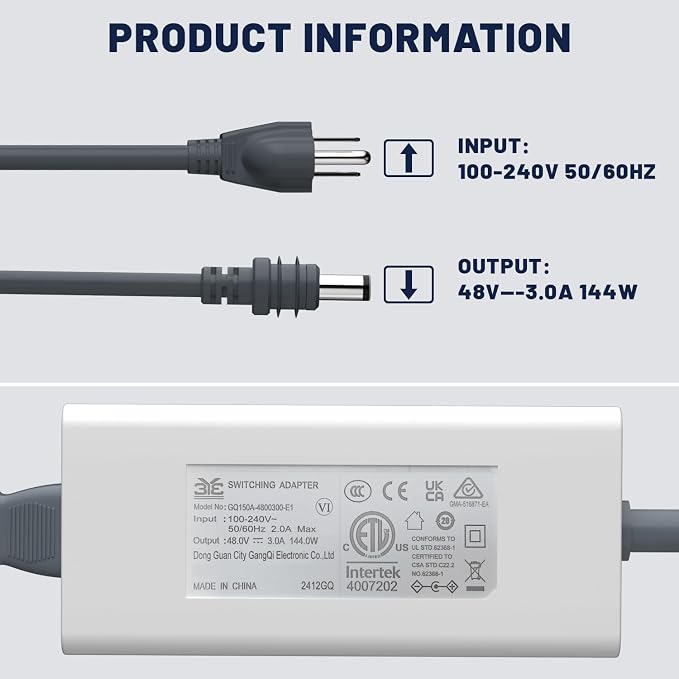 Starlink Gen 3 & Mini Power Adapter, ETL Listed 144W 48V 3A Replacement Starlink Power Supply