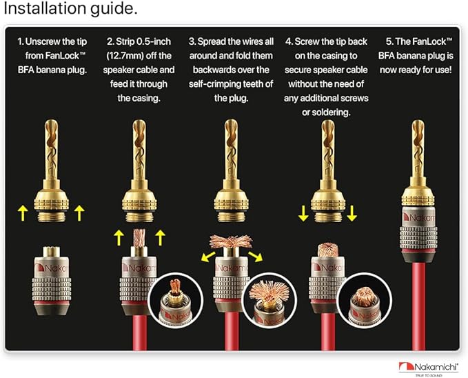 Nakamichi FanLock Excel Series 24k Gold Plated BFA Banana Plug 10 AWG - 18 AWG Gauge Size 4mm for Speakers Amplifier Hi-Fi Stereo Home Theatre Radio Audio Wire Cable Quick Connector, 8 Pcs (4-Pairs)