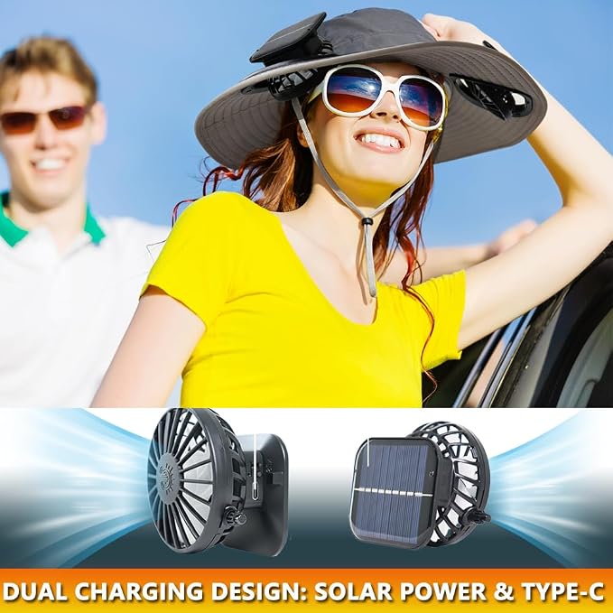 Solar Fan Hat Rechargeable 2Detachable Solar Fans,Water-Repellent Wide Brim Bucket Hat, Outdoor Camping Hiking Golf Sun Hat