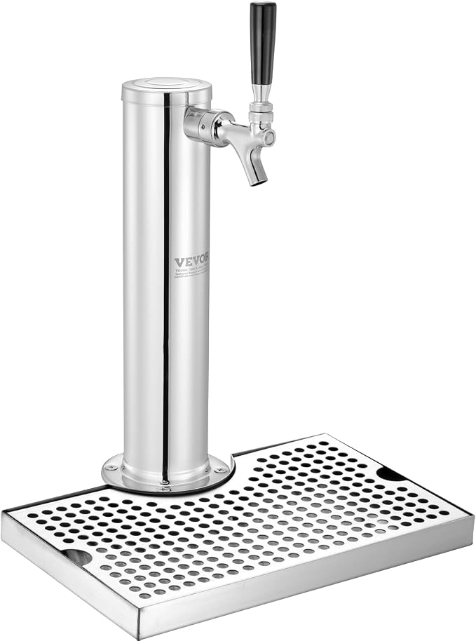 VEVOR Kegerator Tower Kit, Single Tap Beer Conversion Kit, Stainless Steel Keg Beer Tower Dispenser with Dual Gauge CGA320 Regulator & D-System Keg Coupler, Beer Drip Tray for Party Home