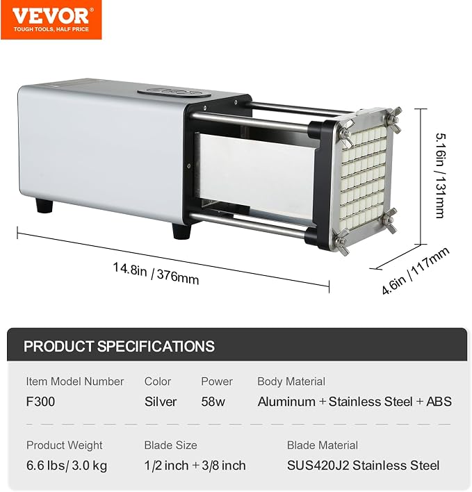 VEVOR Electric French Fry Cutter, Potato Slicer with 1/2-Inch and 3/8-Inch Stainless Steel Blades, Potato Cutter Chopper w/Anti-slip Feet, Great for Potato, French Fries, Cucumber, Vegetables, Carrot