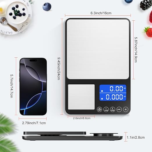 KUAIVO Dual Platform Digital Kitchen Scale, 33lb/15kg & 0.001oz/0.01g Precision, Two Scales in One, Coffee & Food Scale, Dual Display, Stainless Steel, Tare, g/oz/lb/ml
