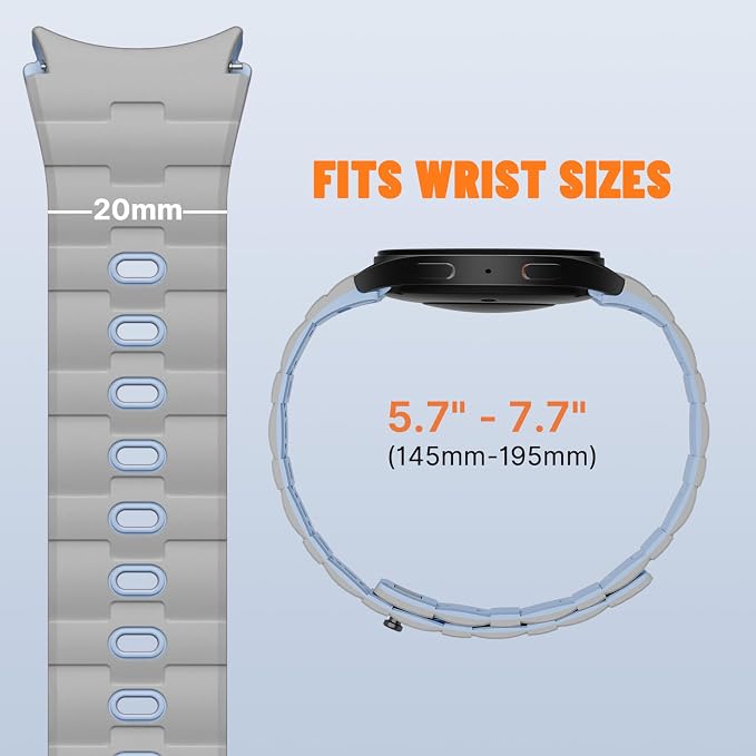 Bandletic Strong 20 Magnetic Bands Compatible with Samsung Galaxy Watch 7/FE/6/5/4 Band 40mm 44mm/Galaxy Watch 5 Pro 45mm/Watch 6 4 Classic 42mm 46mm 43mm 47mm, LightGrey IceBlue