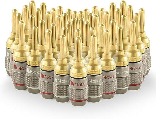 Nakamichi FanLock Excel Series 24k Gold Plated Banana Plugs 10 AWG - 18 AWG Gauge Size 4mm for Speakers Amplifier Hi-Fi Stereo Home Theatre Radio Audio Wire Cable Quick Connector, 48 Pcs (24-Pairs)
