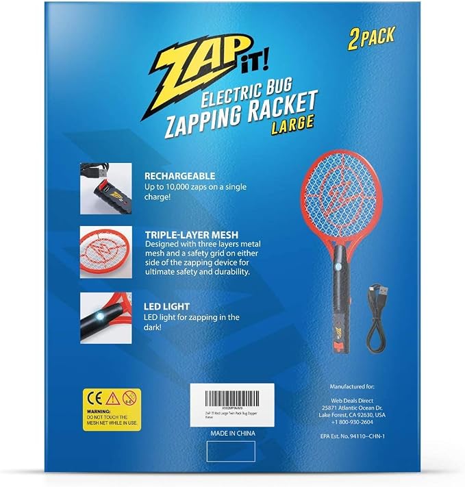 ZAP IT! Bug Zapper Rechargeable Bug Zapper Racket, 4,000 Volt, USB Charging Cable, 2 Pack