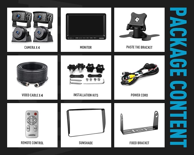 Fookoo HD 1080P 7" Wired Backup Camera System, 7-inch Quad Split Screen Monitor W/Recording, IP69 Waterproof Side View Rear View Cameras, Parking Lines for Truck/Trailer/RV/Tractor/ 5th Wheel (DY704)