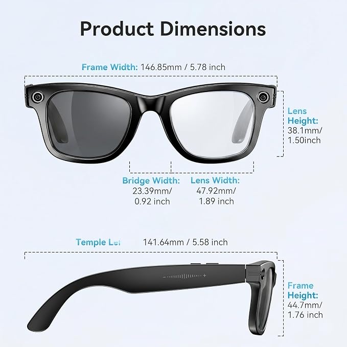 AI Smart Glasses with Camera and Bluetooth,8MP 2K HD Camera Glasses,AI Voice Control,AI Photo Recognition and Translation,Smart Anti-Blue Light Glasses,IP67 Waterproof for Driving,Outdoor,+2 Lenses.