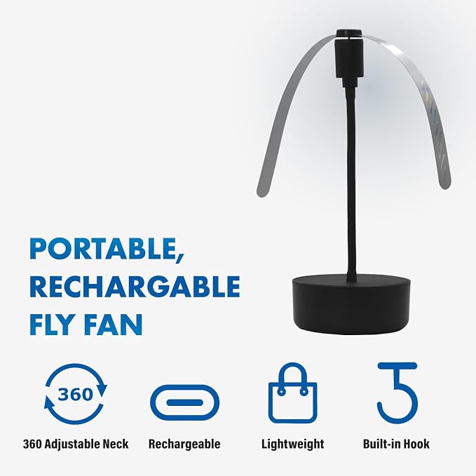 Black USB-C Rechargeable Fly Fan For Tables FF-BK-01, Outdoor Dining Accessory and BBQ Essential, Lightweight with Adjustable Neck, Picnic Table Accessory and Patio Must-Have