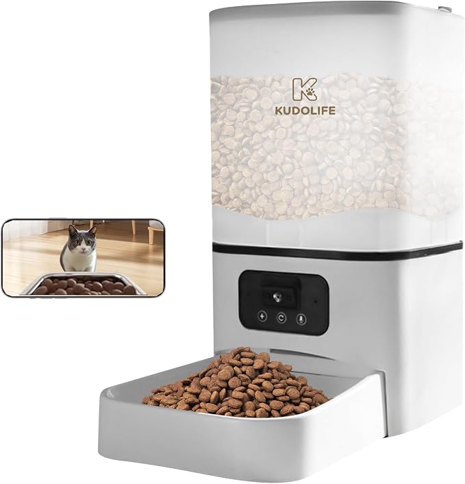 Automatic Cat Feeder with Camera Remote Control via WiFi Mobile APP, Video Viewing and Adjustment, 6L Food Bucket, 15-Second Audio Call for Pets to eat, Low Food Sensor Sound Alarm