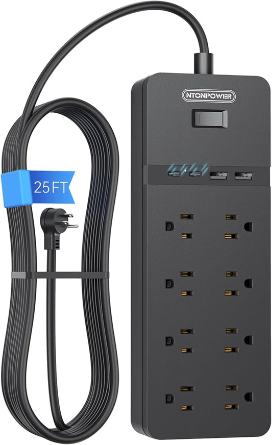 25 ft Extension Cord Flat Plug, NTONPOWER 8 Outlet Surge Protector Power Strip with 4 USB Ports(2 USB C), 15A Circuit Breaker, Wall Mount Surge Protector for Home, Office, Workbench or Garage,Black