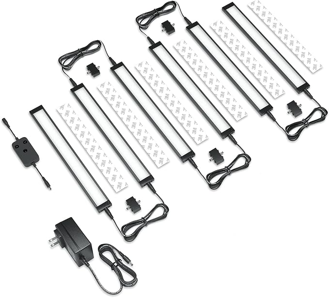 EShine 6 Pack 12 inch Black Smart Dimmable LED Under Cabinet Lighting Kit Compatible with Alexa, Google - Warm White (3000K)