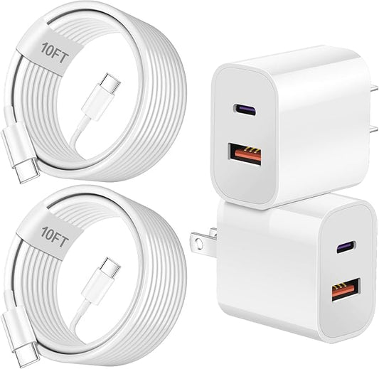 Dual Port A/C Charger for iPhone 17 16 15,Type C Charger Fast Charging Block,2Pack Quick USB C Wall Chargers Adapter,10FT USB C Charging Cable for iPhone 17/17 Pro Max/17 Air/16 Pro/16e/15 Plus/15 Pro