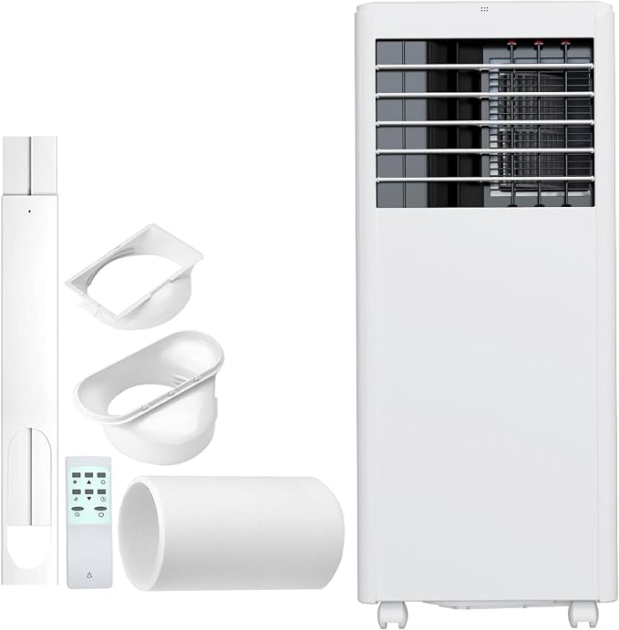 8000 BTU Portable Air Conditioner – 3-in-1 AC Unit with Cooling, Dehumidifier & Fan, Quiet Operation, 24H Timer, Remote Control & Window Kit – Covers Rooms Up to 350 Sq ft – White